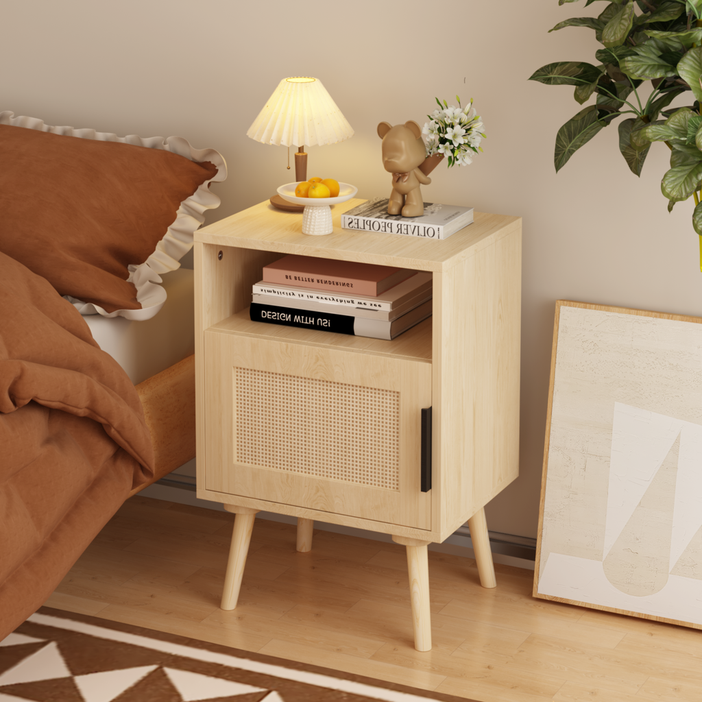 Oak Finish Rattan Nightstand with Solid Wood Legs, 22.83'' H Side Table with Door and Open Shelf for Bedroom, Dorm, and Small Spaces - Grand Goldman Shop