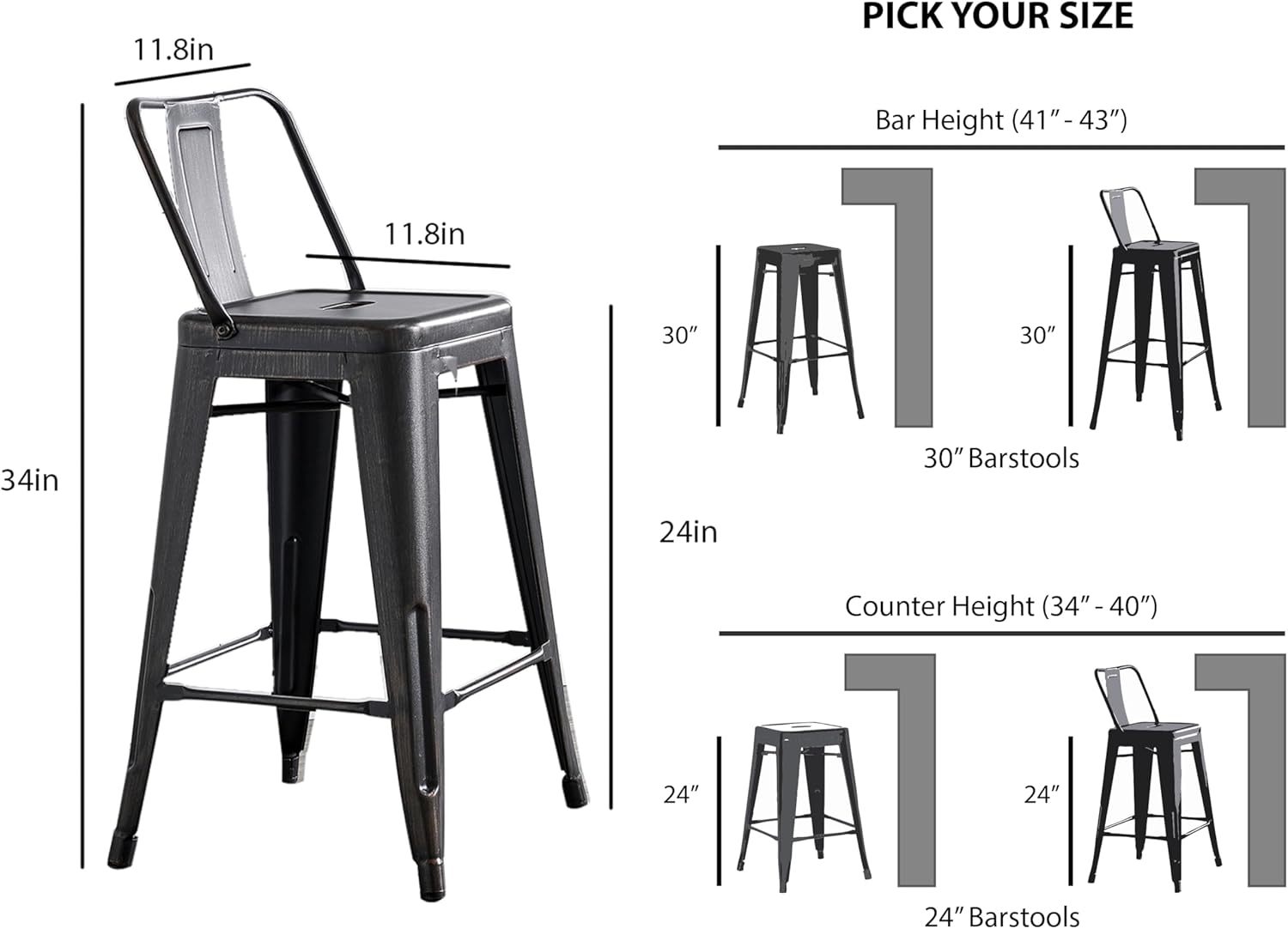 Modern Light Weight Industrial Contemporary Rustic Vintage Costal Metal Barstools with Bucket Back and 4 Leg Design, (Set of 