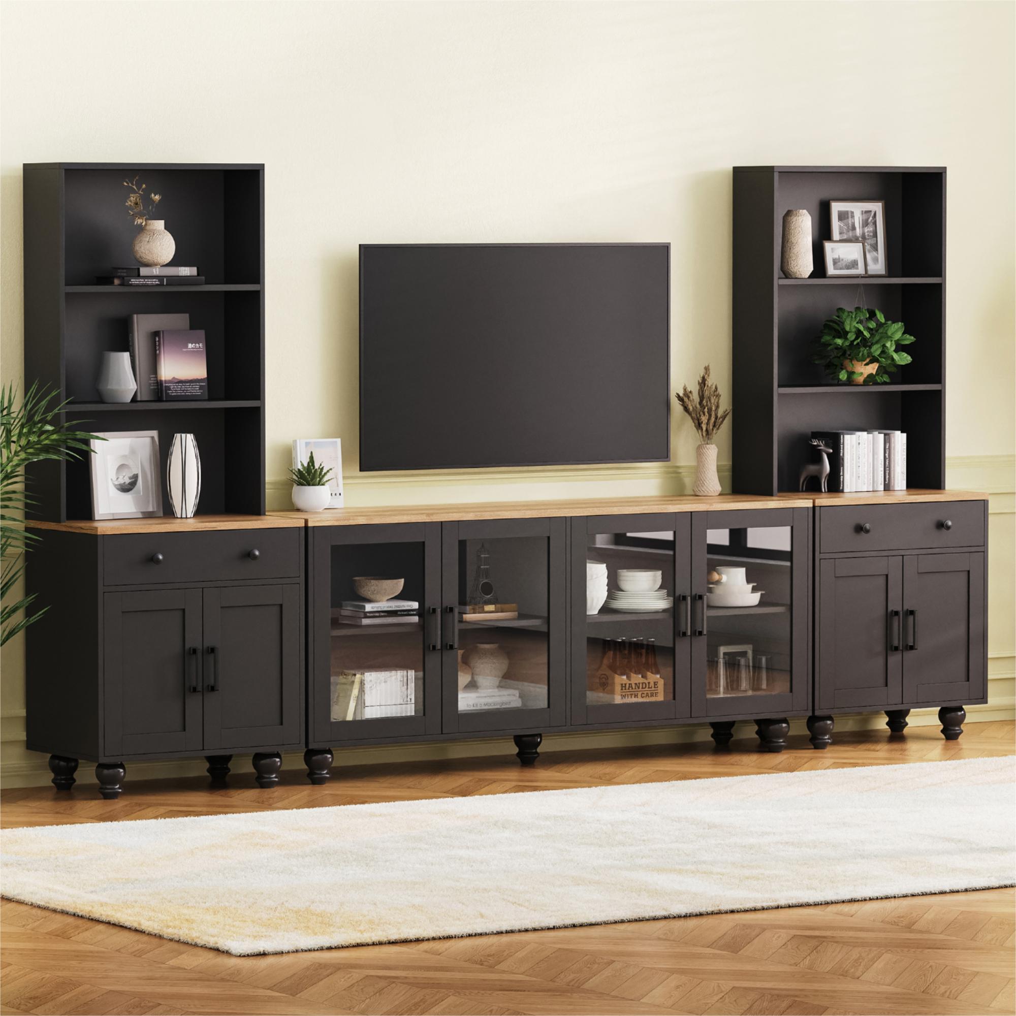 Farmhouse TV Stand with Solid Wood Gourd-Shaped Legs for TVs Up to 70', Entertainment Center with Bookshelves & Tempered Glass Doors, Media Console with Adjustable Shelves, Living Room, Black - Grand Goldman Shop