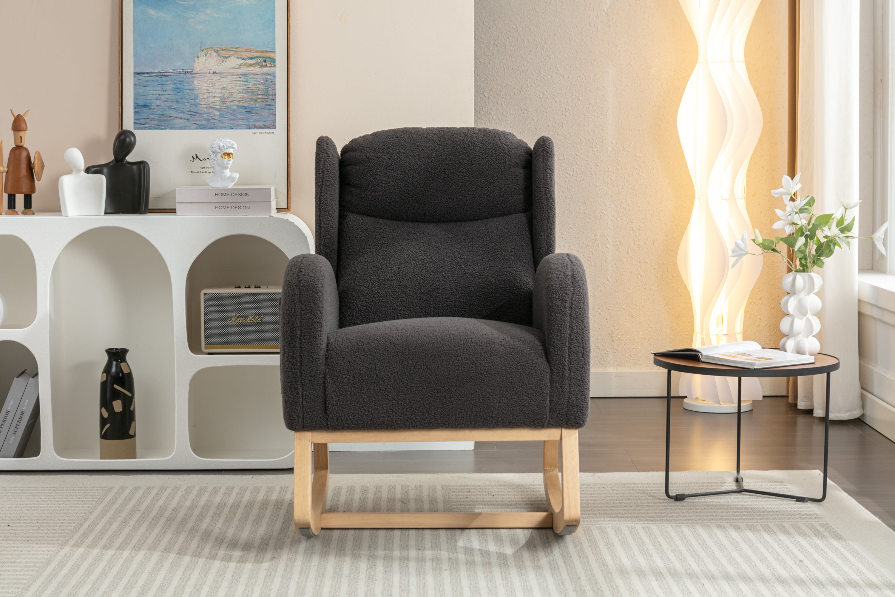 049-Teddy Fabric Rocking Chair With Packet Wood Legs,Dark Gray - Grand Goldman Shop