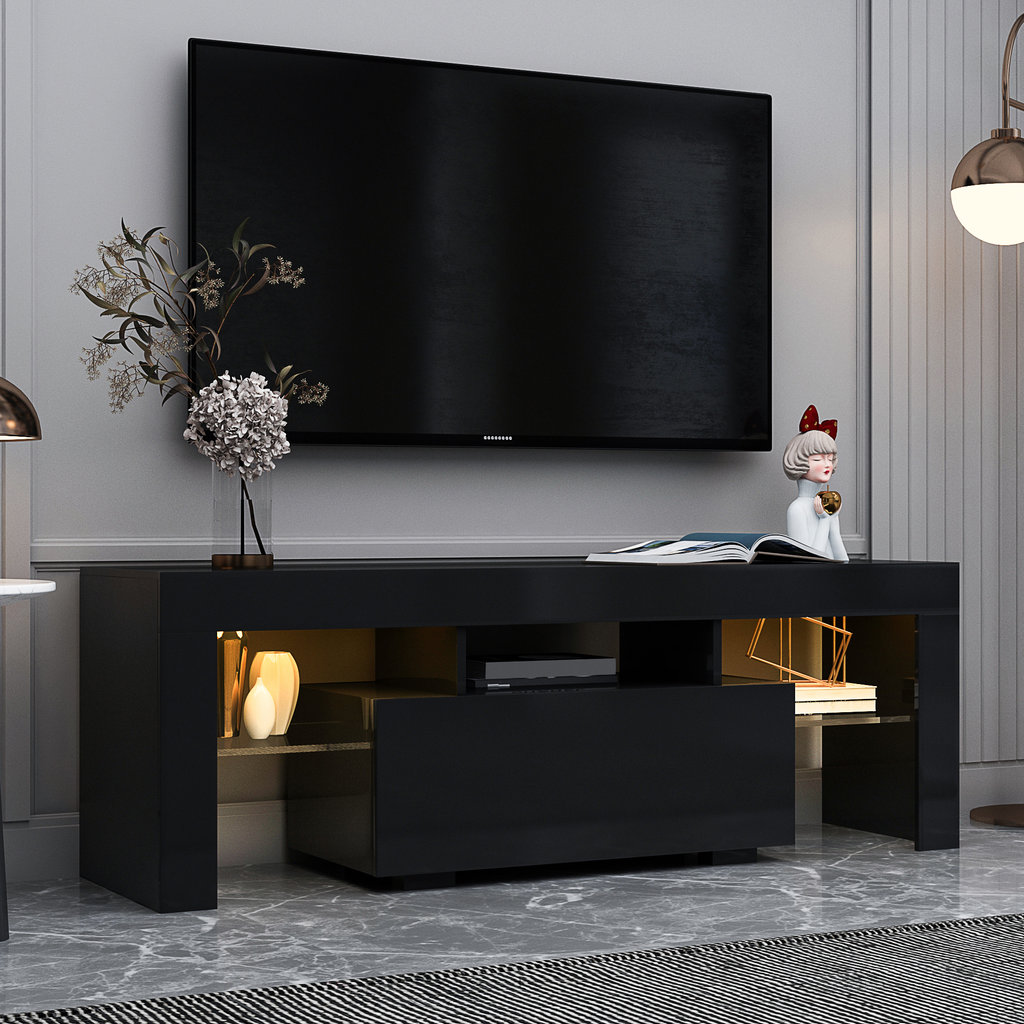 Black TV Stand with LED RGB Lights,Flat Screen TV Cabinet, Gaming Consoles - in Lounge Room, Living Room and Bedroom(Black) - Grand Goldman Shop