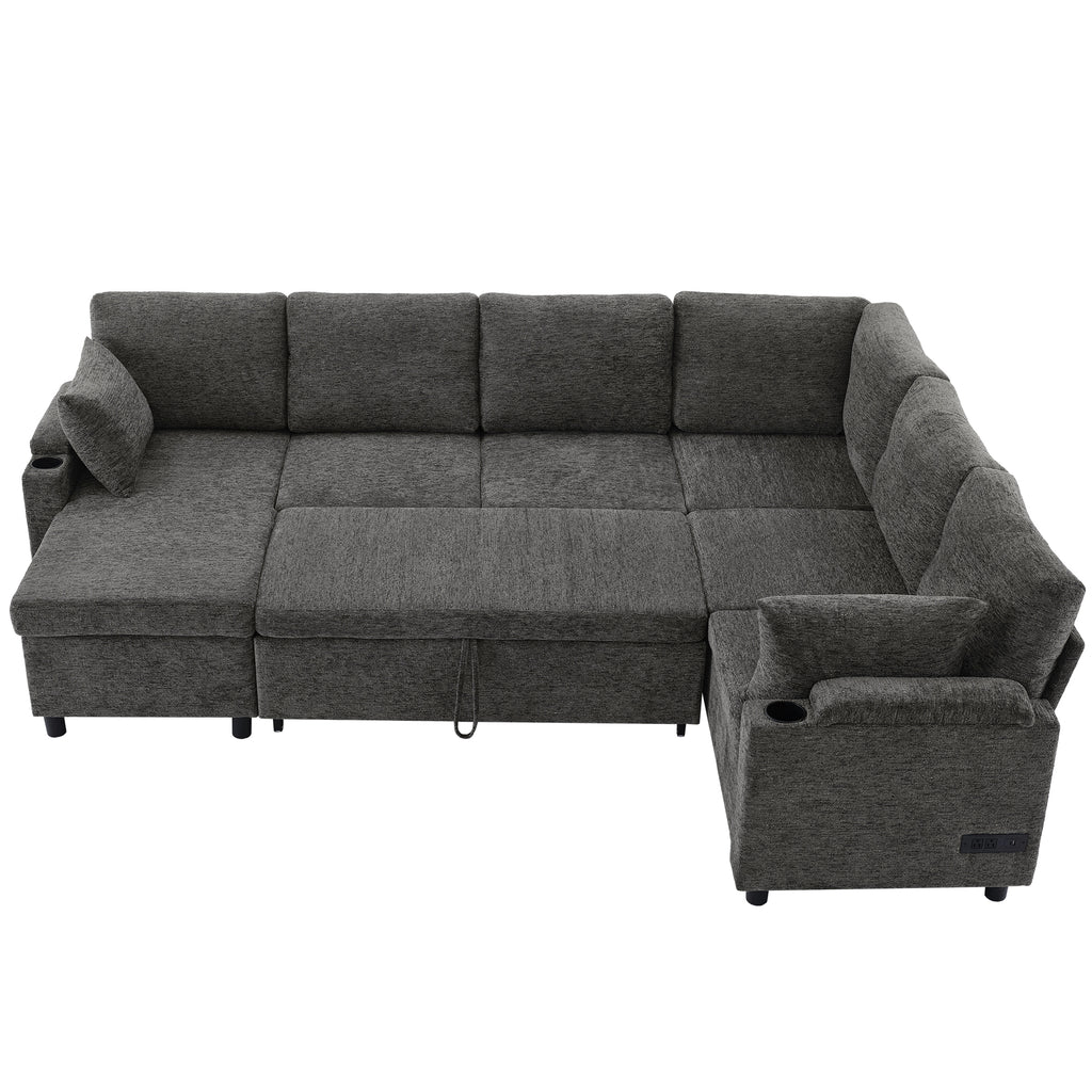 Versatile U-Shaped Sectional Sofa Bed with Storage, Cup Holders, Charging Ports in Grey Chenille - Grand Goldman Shop