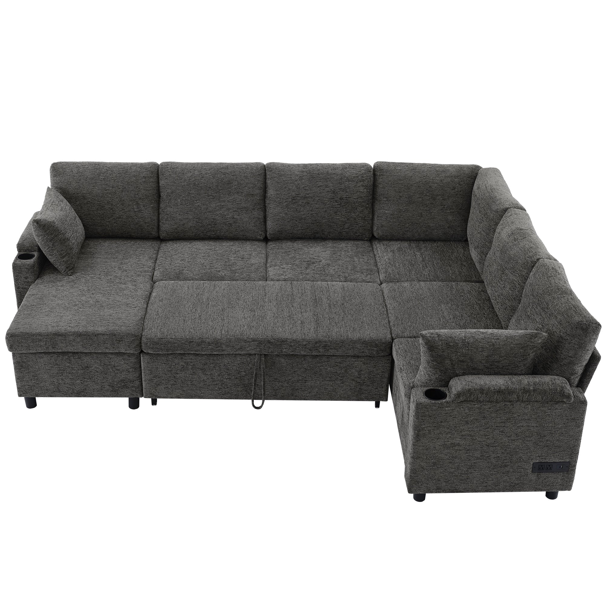 Versatile U-Shaped Sectional Sofa Bed with Storage, Cup Holders, Charging Ports in Grey Chenille - Grand Goldman Shop