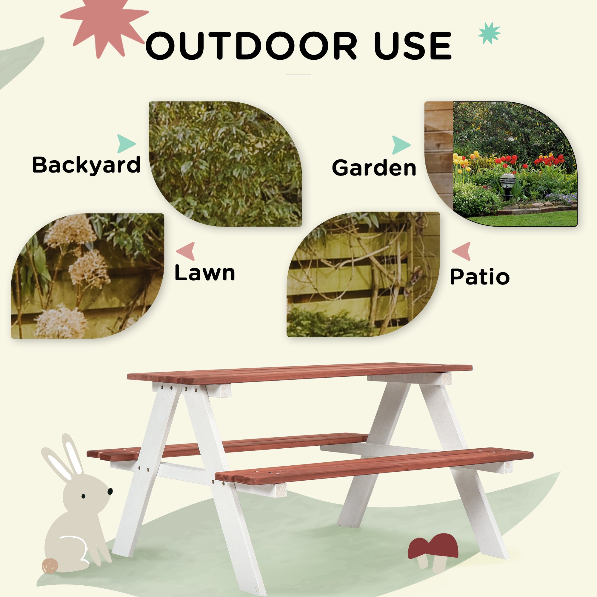 Outsunny Kids Picnic Table Set, Wooden Table & Bench Set, Kids Patio Furniture Outdoor Toys for Garden, Backyard, Aged 3-8 Ye