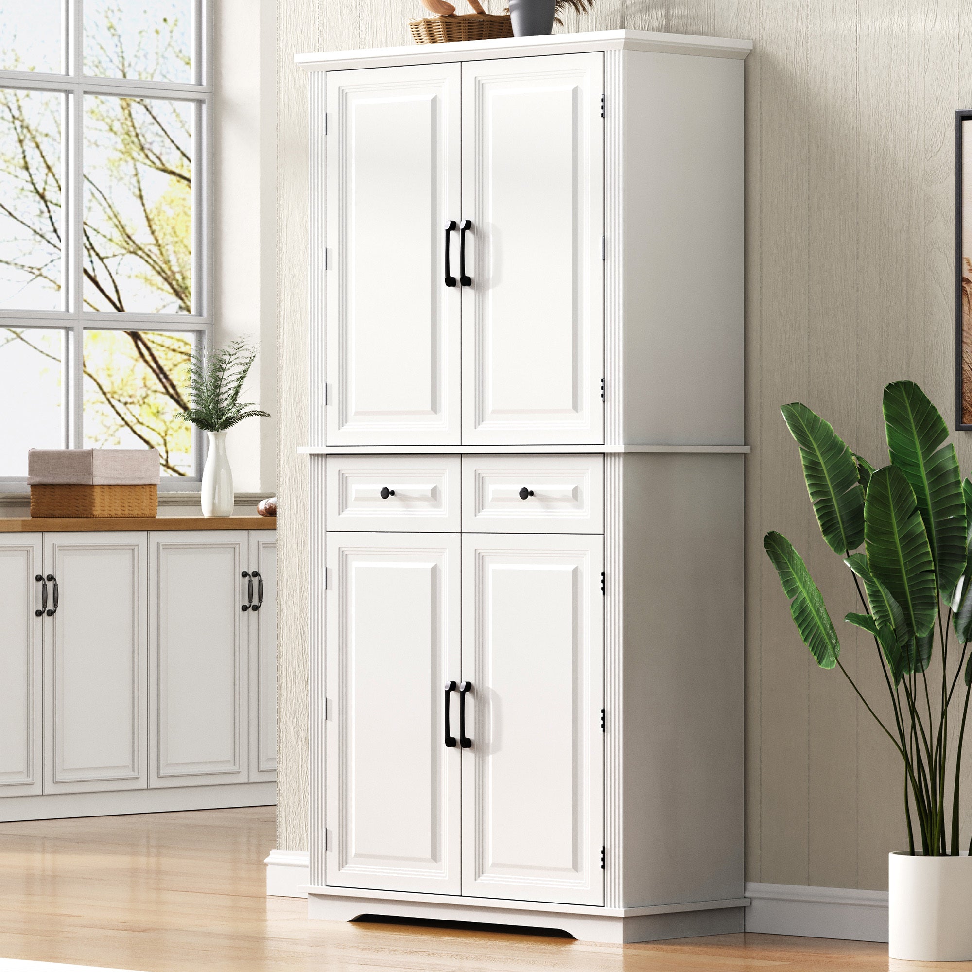 K&K 71' Tall Kitchen Pantry Cabinet with 3 Pull Out Cabinet Organizers, Farmhouse Embossed Texture Storage Cabinet with 6 Door Shelves, 2 Drawers, Freestanding Cupboard for Kitchen, Dining Room White - Grand Goldman Shop