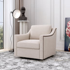 Ergonomic Swivel Armchair with Cotton Linen Upholstery and Brass Nail Decoration, Black Legs - Grand Goldman Shop