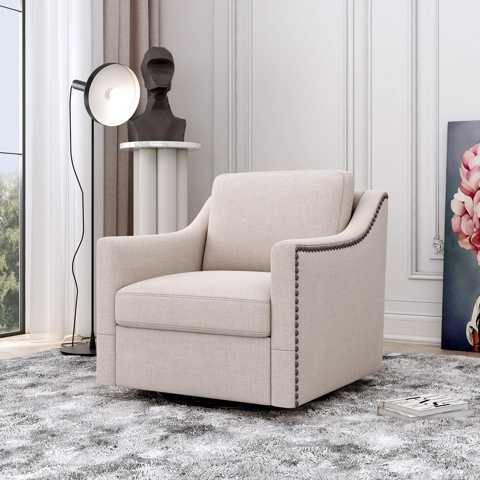 Ergonomic Swivel Armchair with Cotton Linen Upholstery and Brass Nail Decoration, Black Legs - Grand Goldman Shop