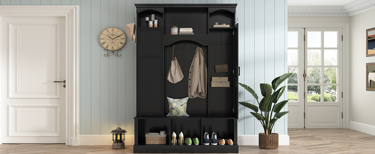 ON-TREND Modern All-in-One Hall Tree with Adjustable Shelves, Classic Arched Farmhouse Storage Bench with Dual Side Cabinets, Elegant Entryway Organizer with 7 Hooks for Mudroom, Hallway, Black - Grand Goldman Shop