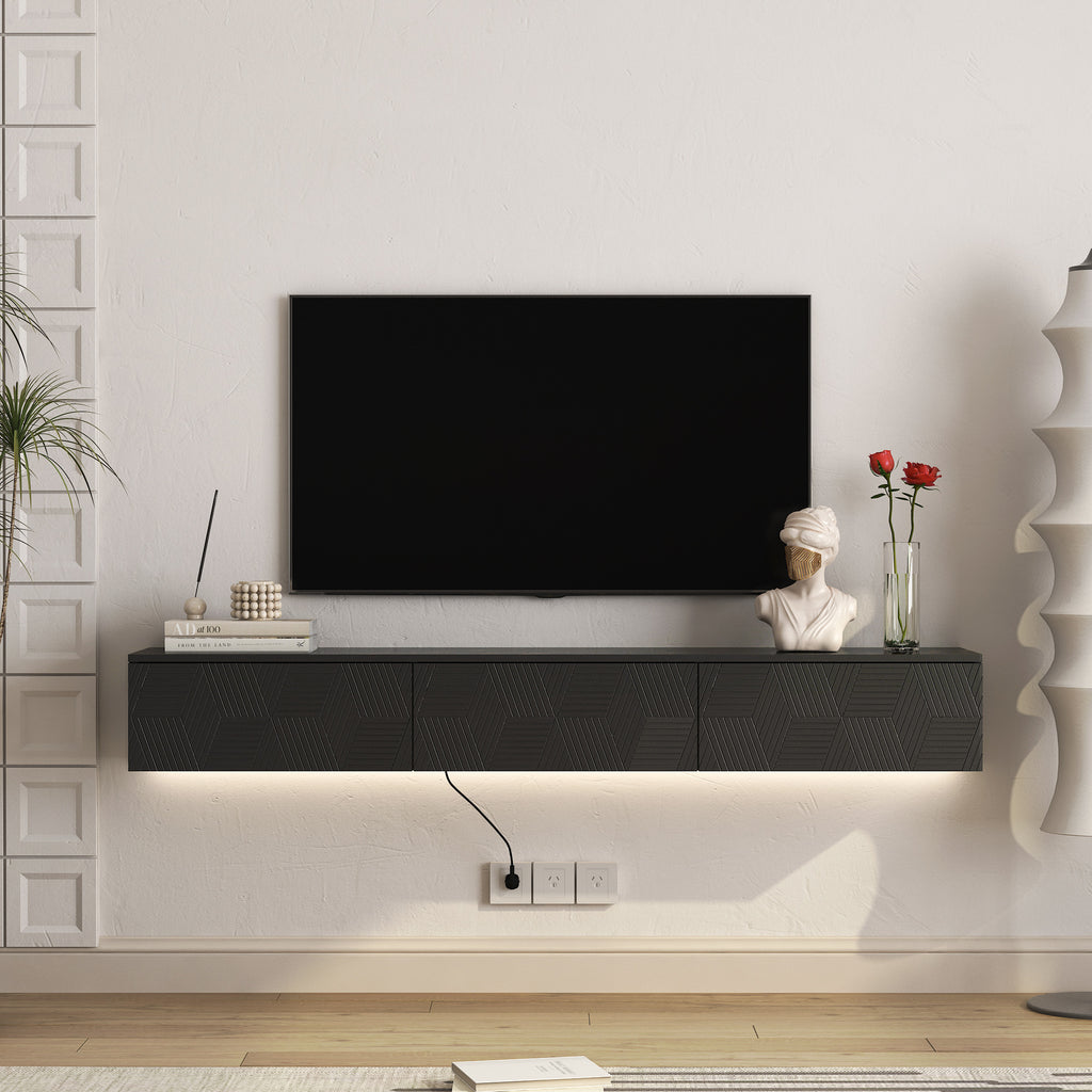 Floating TV Stand Wall Mounted with 16 Color LEDs,67' Modern TV Stand, Floating TV Cabinet Entertainment Center for 55 60 65 Inch TV,Black - Grand Goldman Shop