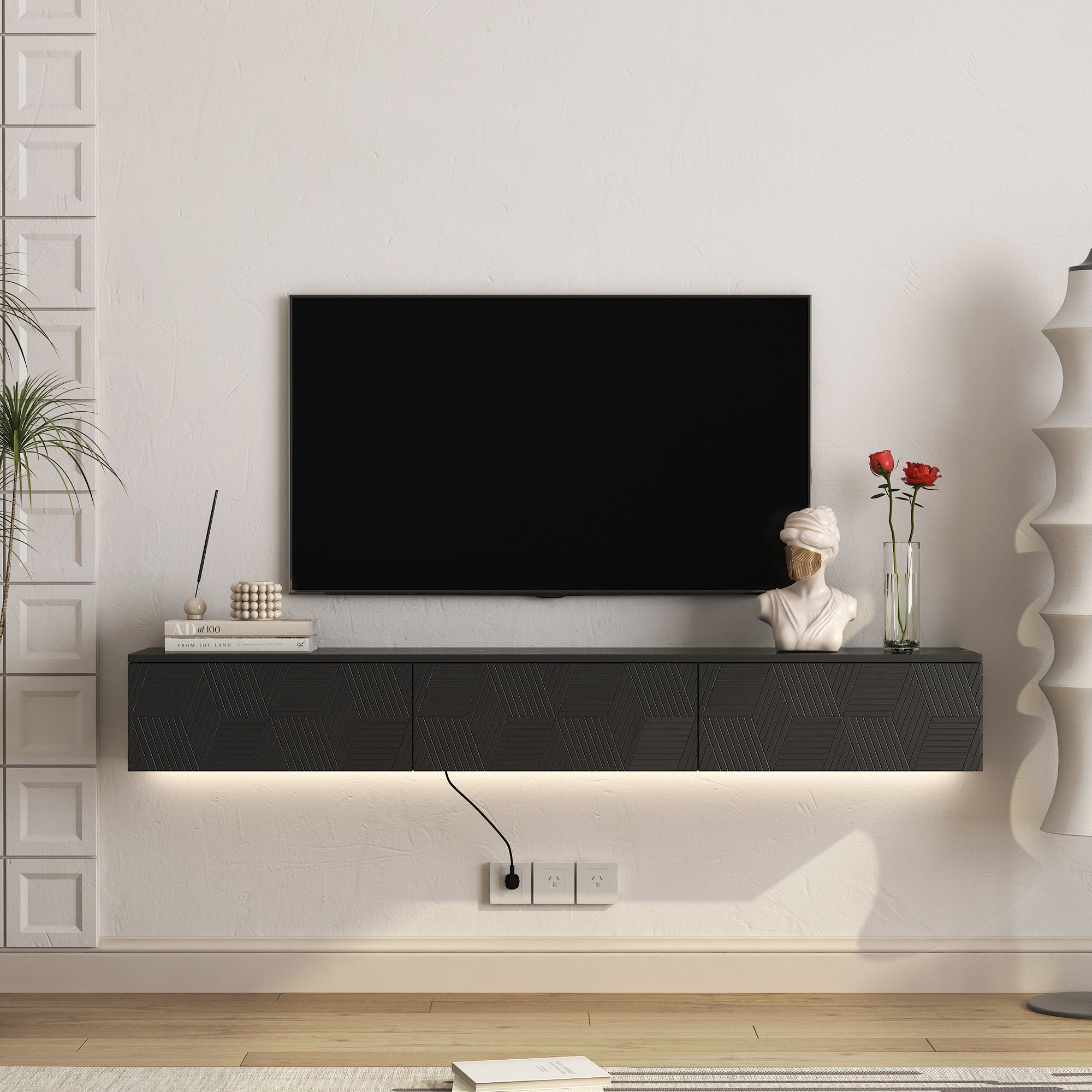 Floating TV Stand Wall Mounted with 16 Color LEDs,67' Modern TV Stand, Floating TV Cabinet Entertainment Center for 55 60 65 Inch TV,Black - Grand Goldman Shop