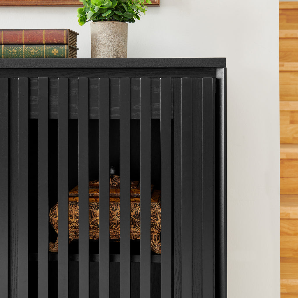 Mid Century Modern Fluted Hollowed Out Sideboard Cabinet with 2 Outlet Holes, Buffet Cabinet with Storage, Black Storage Cabinet for Living Room, Entryway, Hallway, Dining Room, Kitchen - Grand Goldman Shop