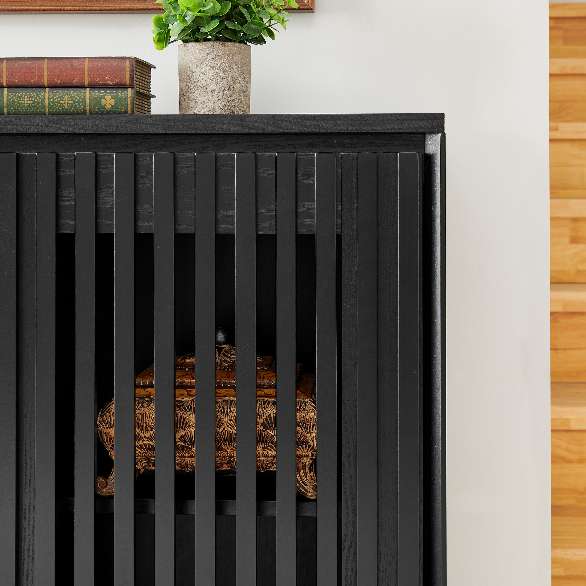 Mid Century Modern Fluted Hollowed Out Sideboard Cabinet with 2 Outlet Holes, Buffet Cabinet with Storage, Black Storage Cabinet for Living Room, Entryway, Hallway, Dining Room, Kitchen - Grand Goldman Shop