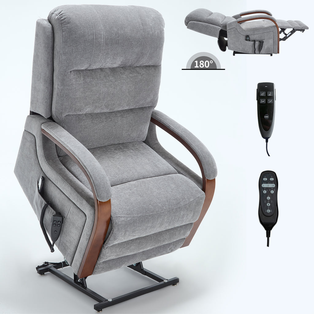 Power Grey Chenille Lift Recliner Chair Dual Motor Infinite Position Up to 350 LBS with Solid Wood Armrests, Heat Massage and Heavy Duty Motion Mechanism - Grand Goldman Shop