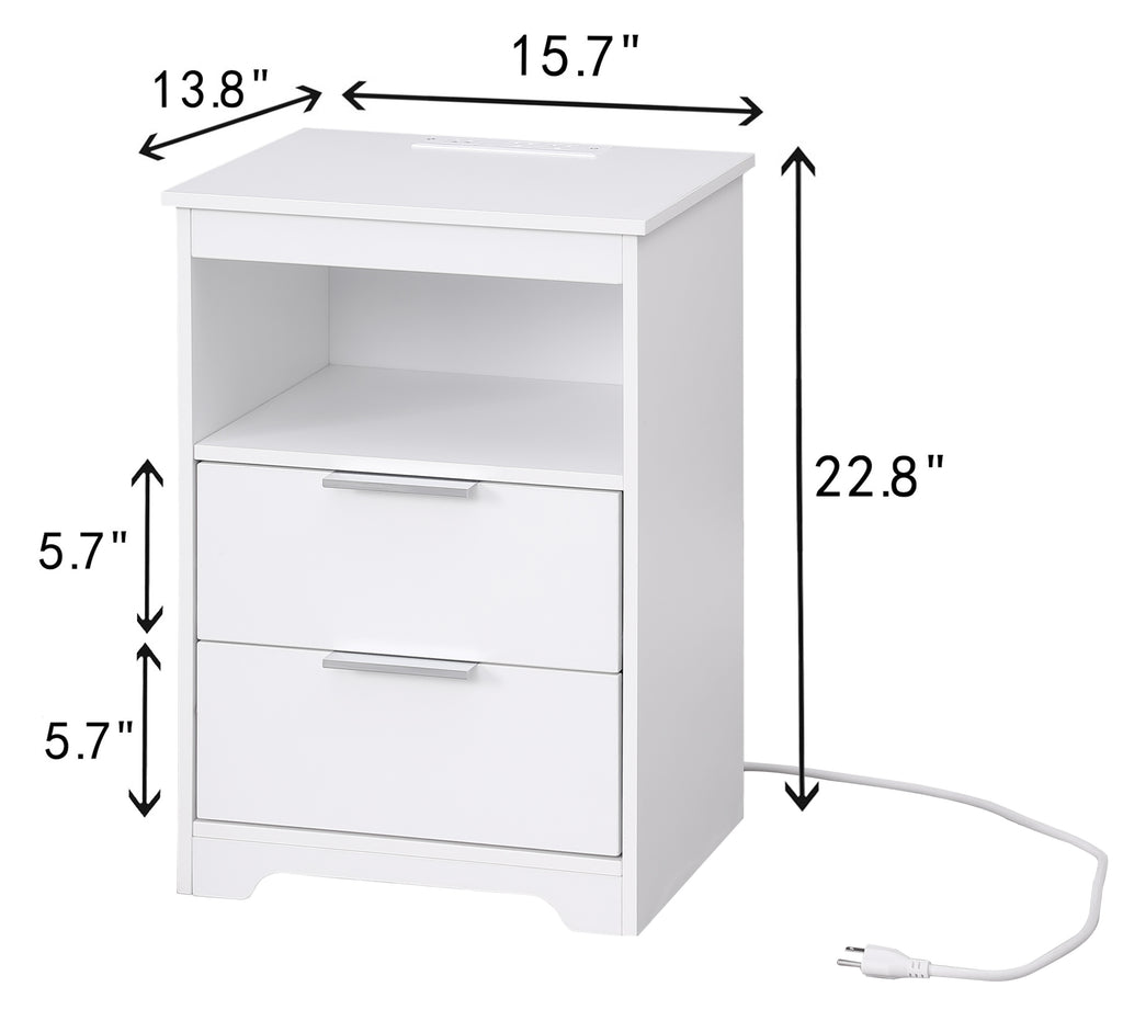 Nightstand with Charging Station,End Table with 2 Drawers,Wooden End Table with Drawer and Opening Shelf,Side Table for Bedroom, White - Grand Goldman Shop