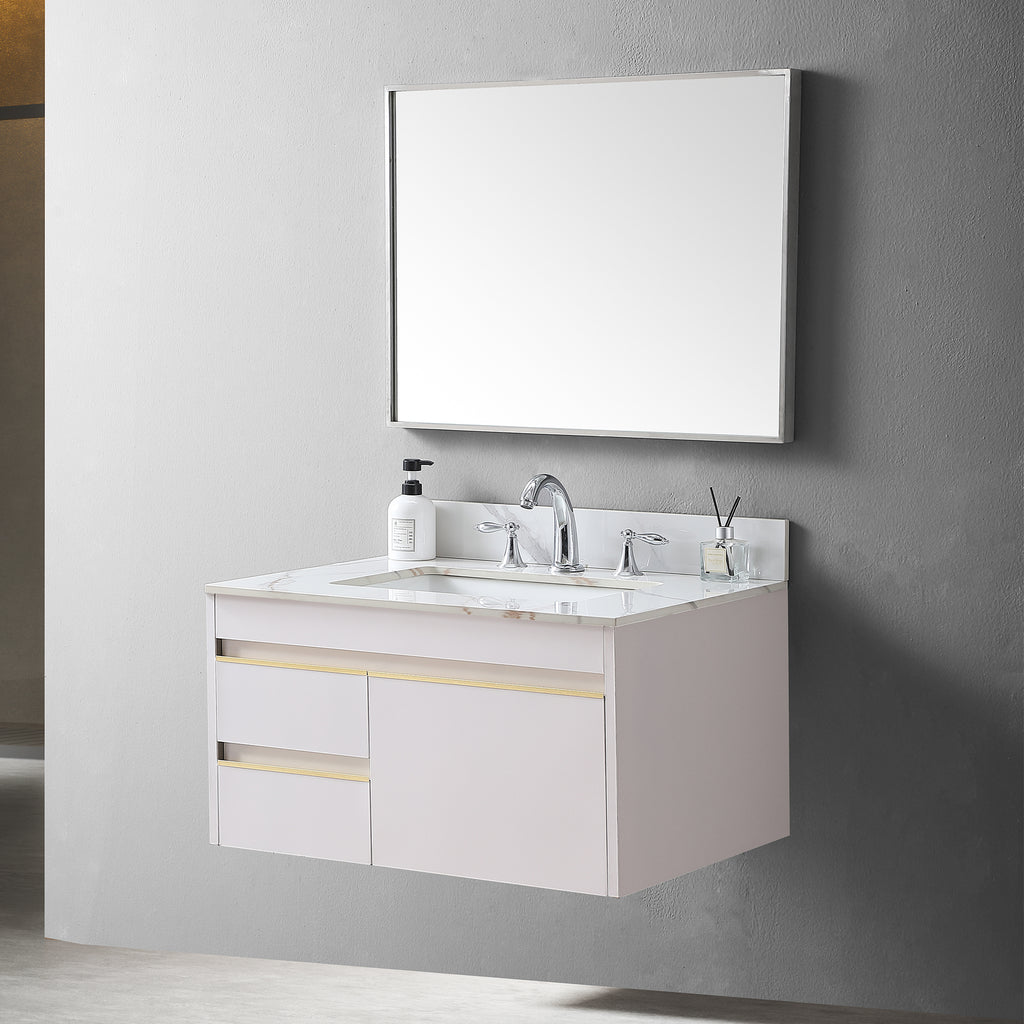 Montary 31inch bathroom vanity top stone carrara gold  new style tops with rectangle undermount ceramic sink  and back splash with 3 faucet hole  for bathrom cabinet - Grand Goldman Shop