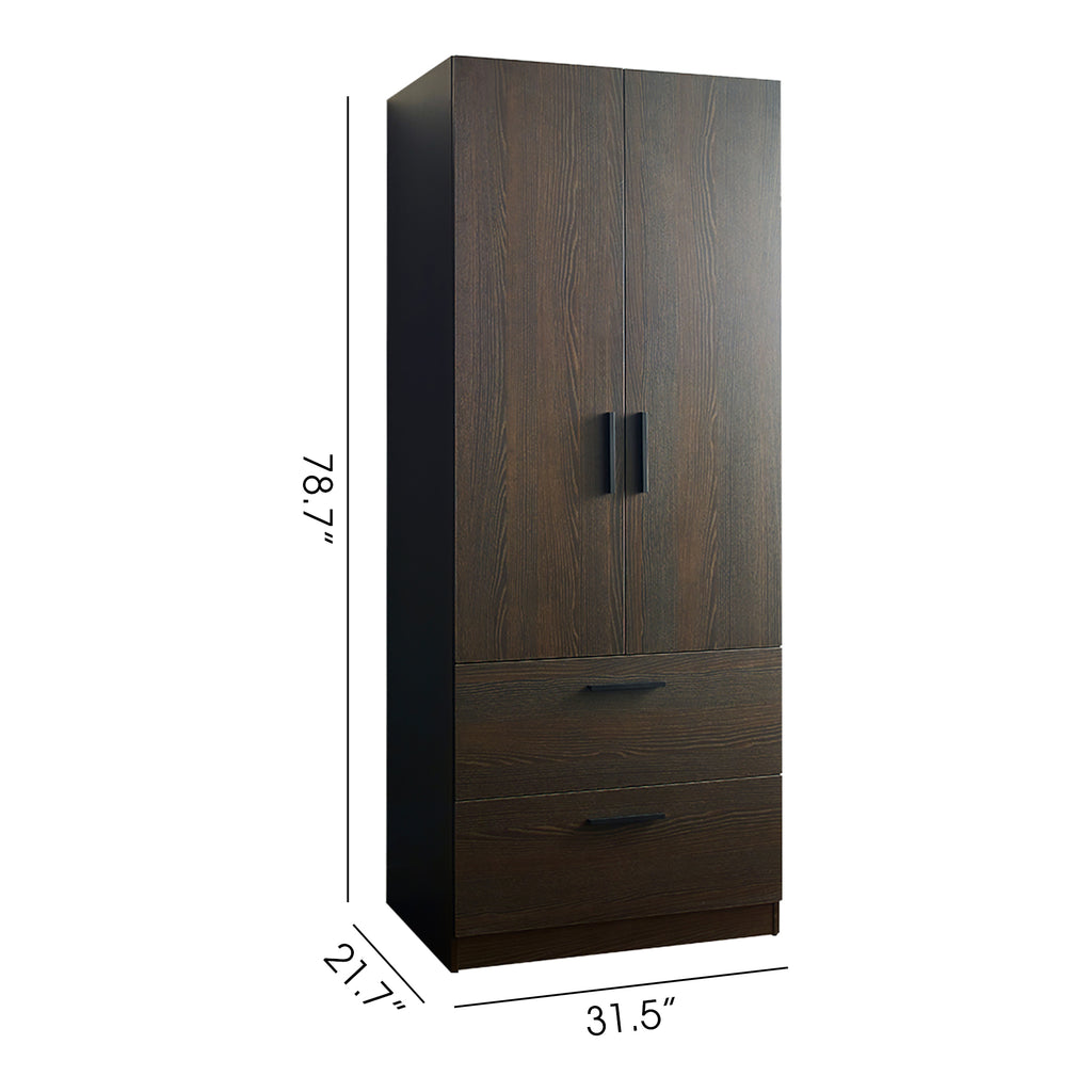 Brook Two-Door Wood Closet with Two Drawers and Hanging Bars in Dark Brown Solid Wood - Grand Goldman Shop