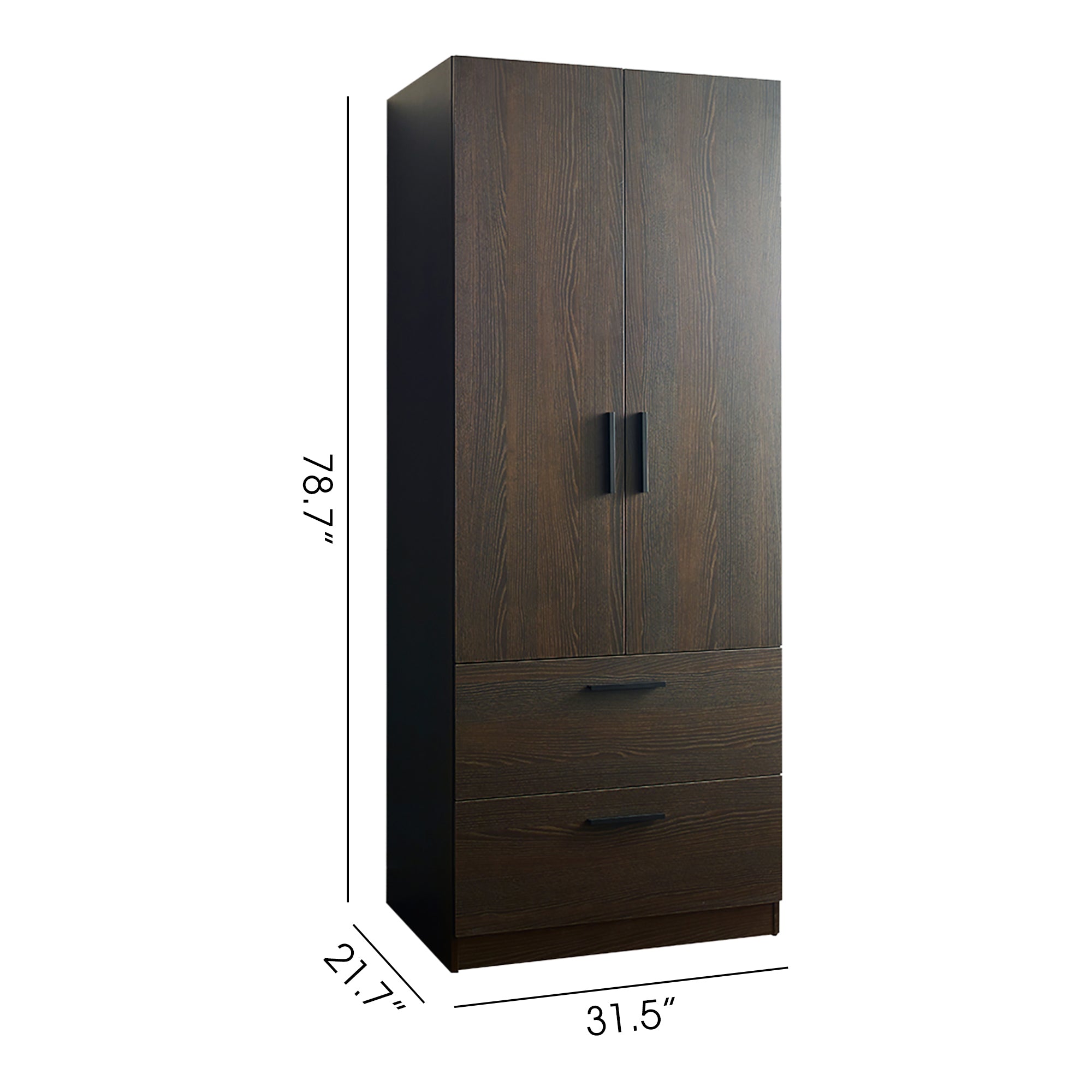 Brook Two-Door Wood Closet with Two Drawers and Hanging Bars in Dark Brown Solid Wood - Grand Goldman Shop
