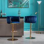 Set of 2  Bar Stools,with Chrome Footrest and Base Swivel Height Adjustable Mechanical Lifting Velvet + Golden Leg Simple Bar Stool-Navy - Grand Goldman Shop
