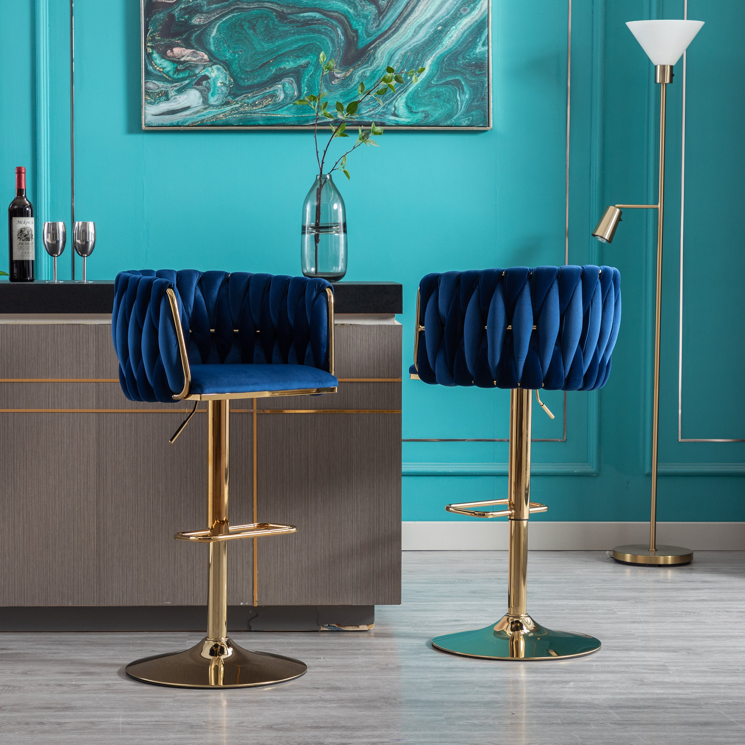 Set of 2  Bar Stools,with Chrome Footrest and Base Swivel Height Adjustable Mechanical Lifting Velvet + Golden Leg Simple Bar Stool-Navy - Grand Goldman Shop