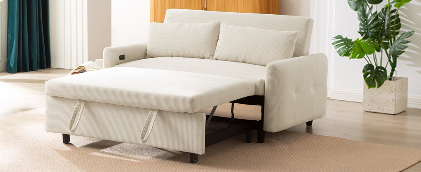 Modern Convertible Pull-out Sofa Bed with USB Ports and Pillows, Beige Corduroy, 57.48 inches - Grand Goldman Shop