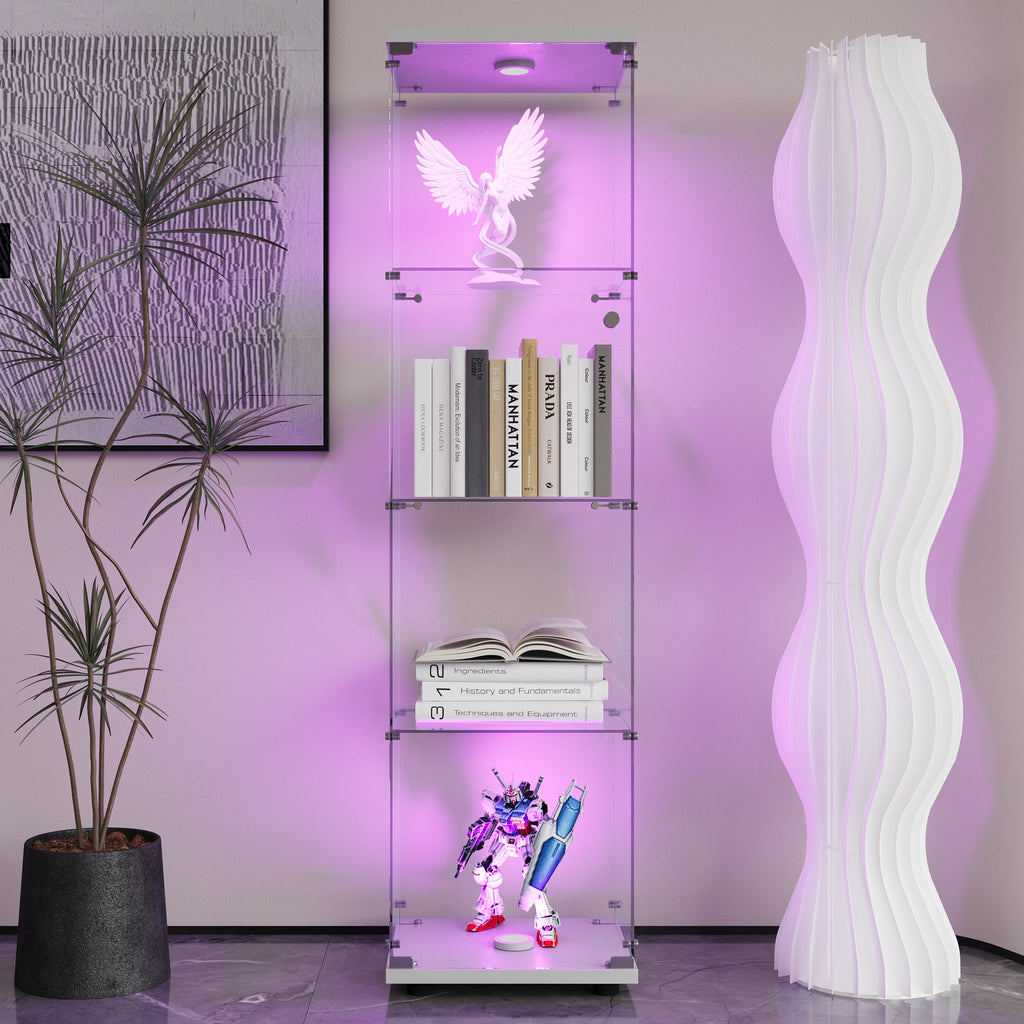 LED lights Glass Display Cabinet 4 Shelves with Door, Floor Standing Curio Bookshelf for Living Room Bedroom Office, 64.7'*16