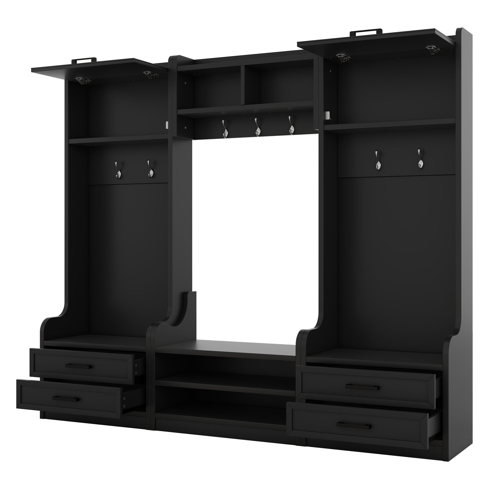 4-in-1 Detachable Hall Tree with Storage and 7 Hooks, Multiple Functions Hallway Coat Rack with Storage Drawers and Cabinet, Black Shoe Bench for Entryway Hallway - Grand Goldman Shop