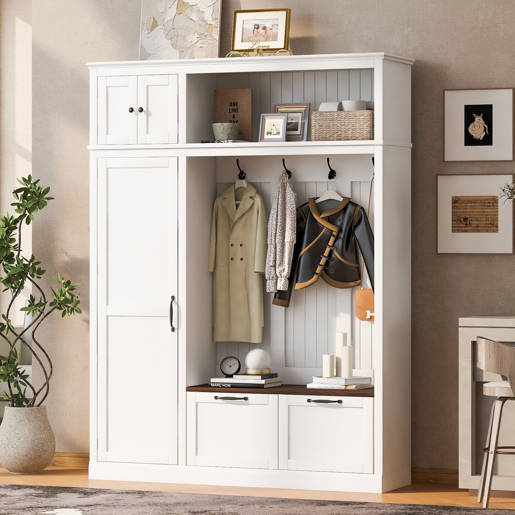 3-in-1 Hall Tree with Overhead Storage Cabinet, 3 Adjustable Side Shelves, 4 Heavy-Duty Hooks, 2 Spacious Drawers, Grooved Back Panel Design, Contrasting Seat Bench, Multifunctional Entryway Organizer - Grand Goldman Shop