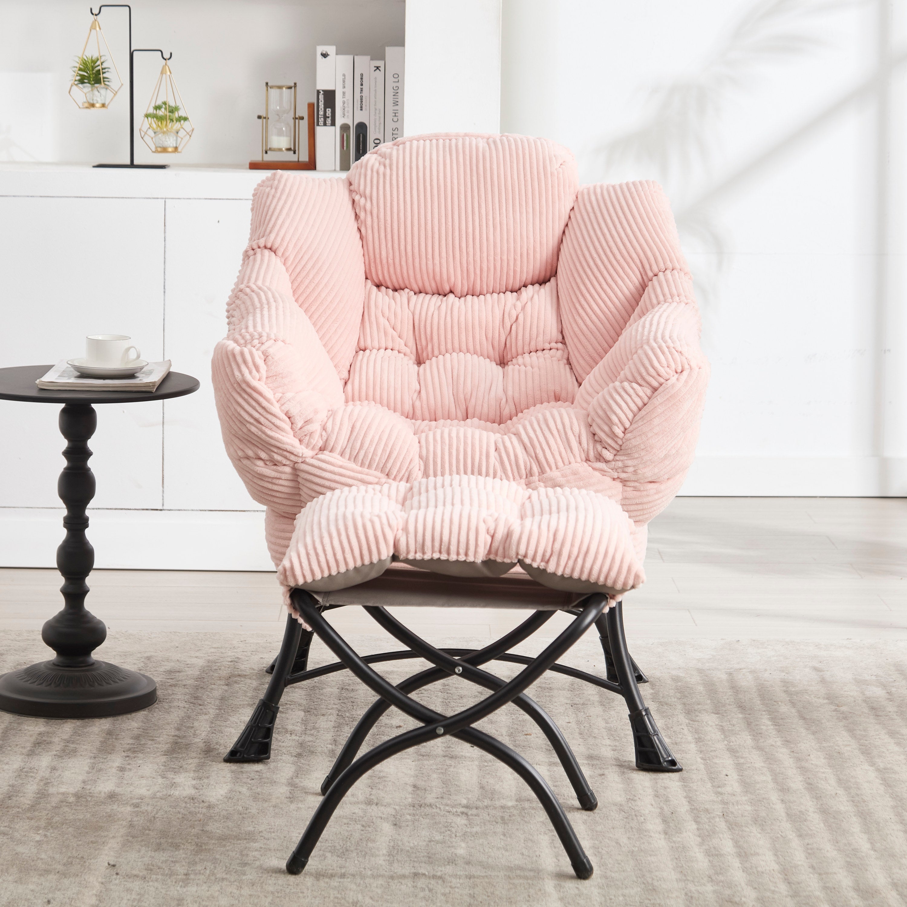 Lazy Chair with Ottoman, Modern Lounge Accent Chair with Armrests and a Side Pocket, Leisure Upholstered Sofa Chair Reading Chair with Footrest for Small Space, Corner Chair-Pink - Grand Goldman Shop
