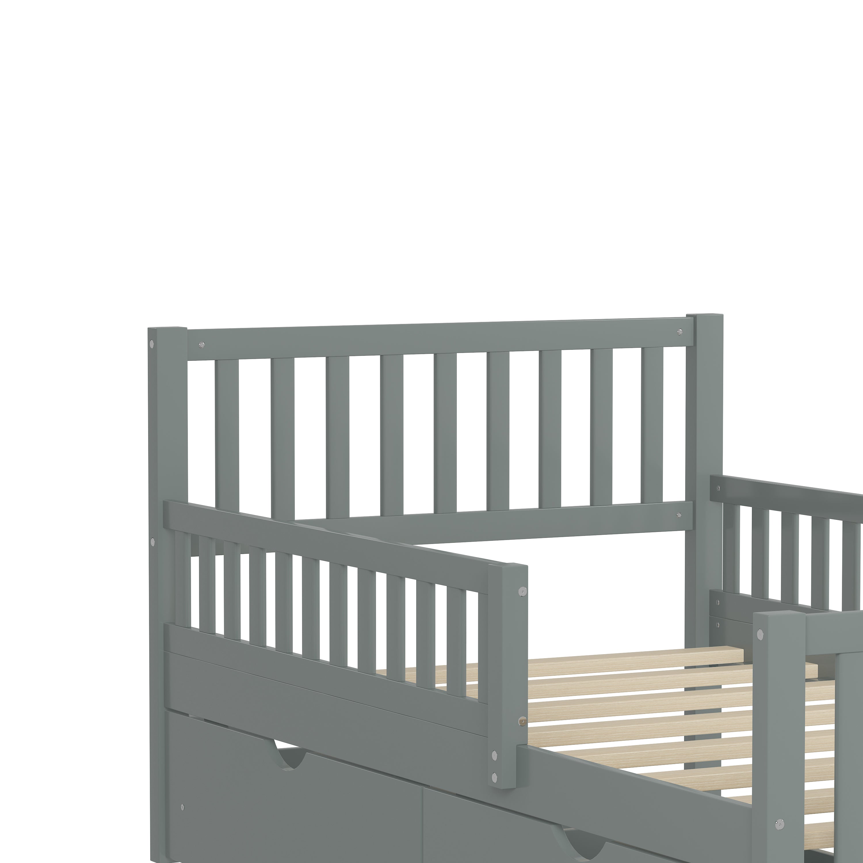 Twin Size Wood Platform Bed with Guardrails on Both Sides and Two Storage Drawers, Gray - Grand Goldman Shop