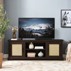 Farmhouse Rattan TV Stand Console Table for TVs up to 70 Inches, TV Console Table with 2 Storage Shelves, 2 Natural Rattan Door Cabinets, 65'W*15.55'D*23.86'H, Espresso - Grand Goldman Shop