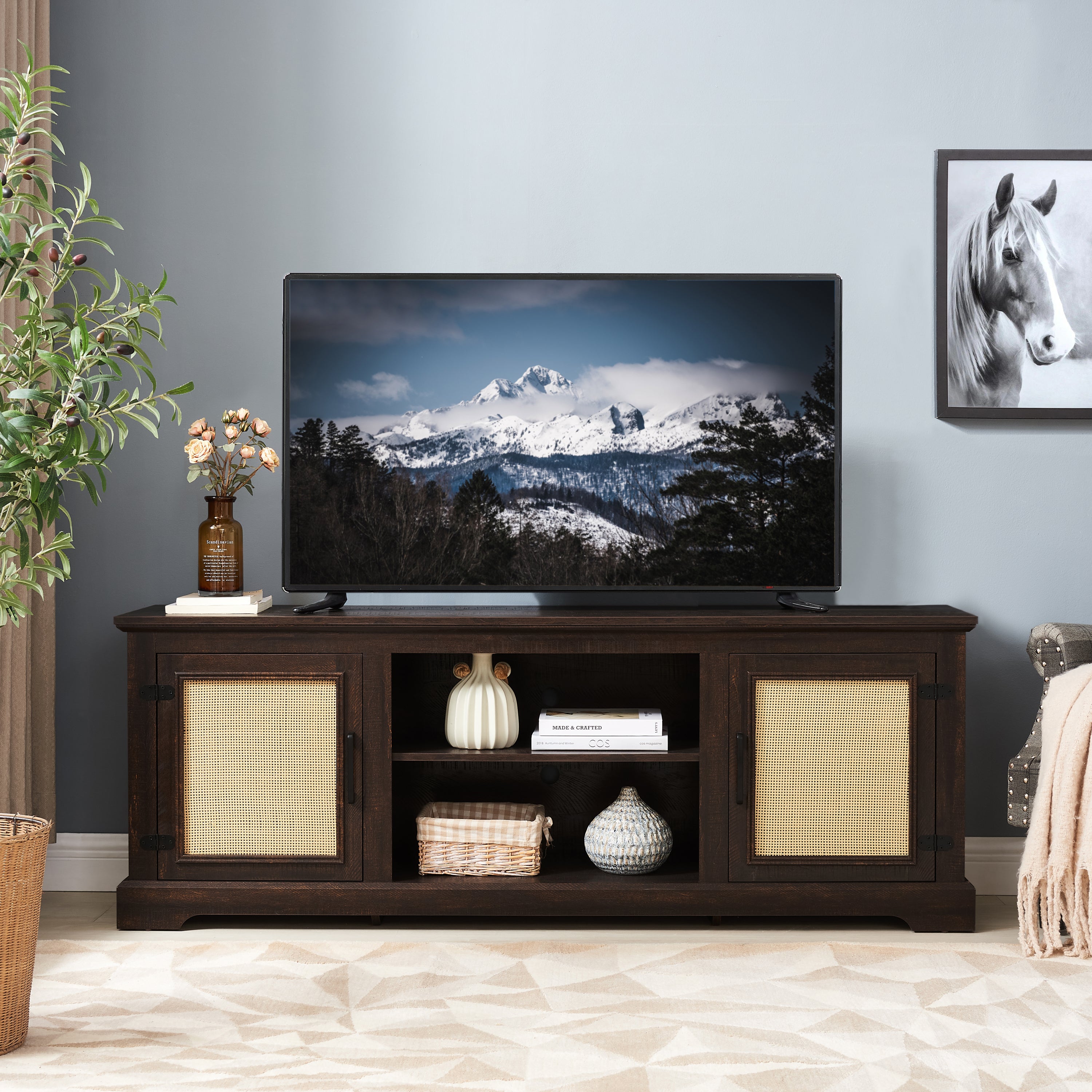 Farmhouse Rattan TV Stand Console Table for TVs up to 70 Inches, TV Console Table with 2 Storage Shelves, 2 Natural Rattan Door Cabinets, 65'W*15.55'D*23.86'H, Espresso - Grand Goldman Shop