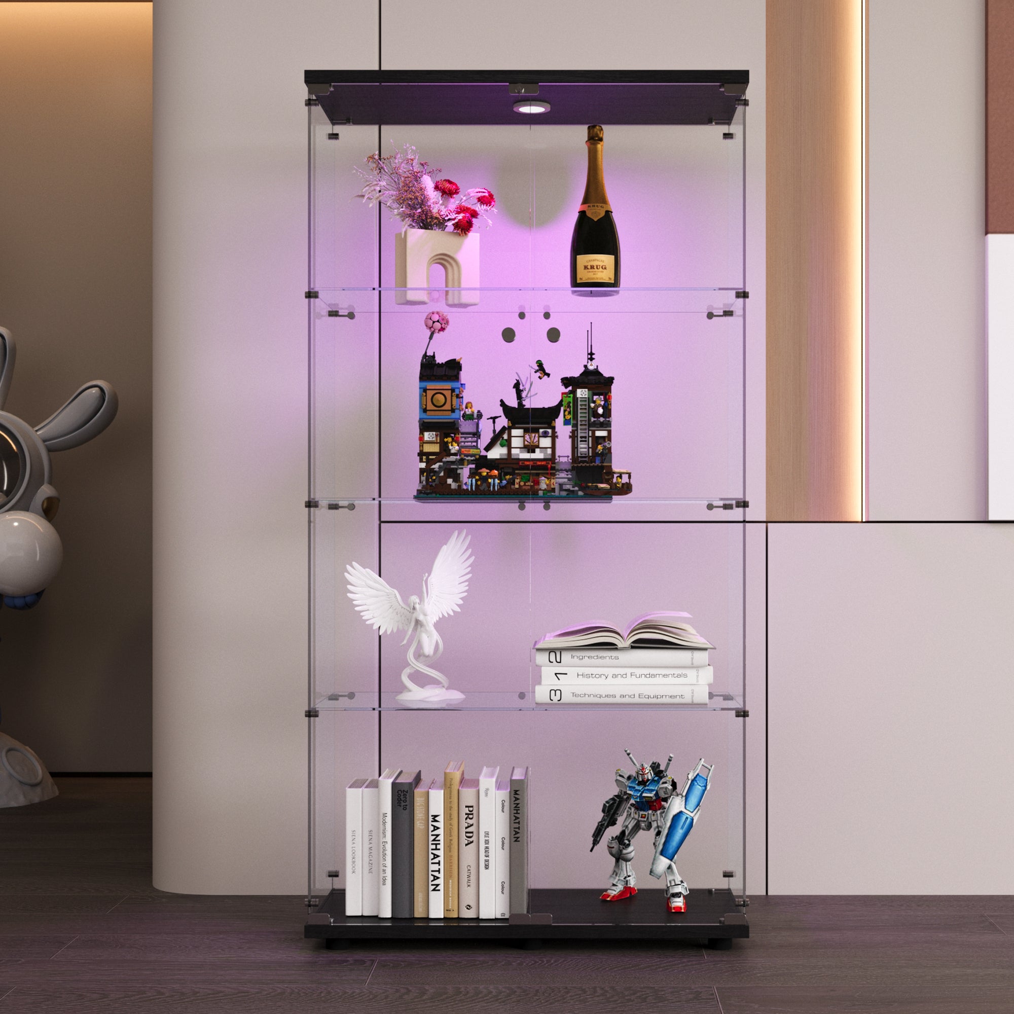 Two-door LED lights  Glass Display Cabinet 4 Shelves with Door, Floor Standing Curio Bookshelf for Living Room Bedroom Office