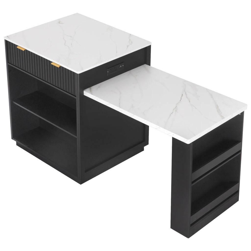 K&K 82.6' Fluted Kitchen Island with Extendable Dining Table for 4-6, Island Table for Kitchen with Power Outlet, Kitchen Table with Double-Side Storage, 2 Drawers 2 Side Open Shelves, Black - Grand Goldman Shop