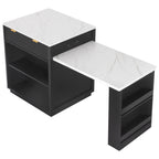 K&K 82.6' Fluted Kitchen Island with Extendable Dining Table for 4-6, Island Table for Kitchen with Power Outlet, Kitchen Table with Double-Side Storage, 2 Drawers 2 Side Open Shelves, Black - Grand Goldman Shop