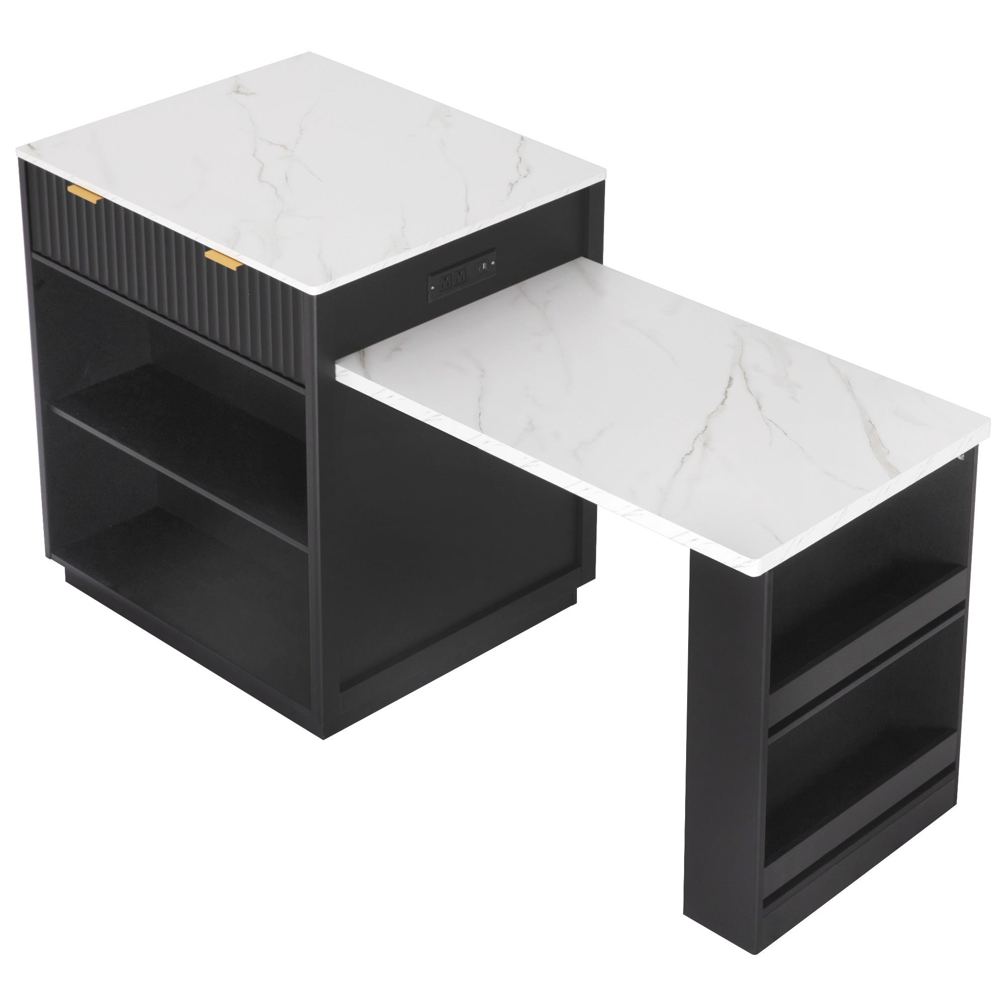 K&K 82.6' Fluted Kitchen Island with Extendable Dining Table for 4-6, Island Table for Kitchen with Power Outlet, Kitchen Table with Double-Side Storage, 2 Drawers 2 Side Open Shelves, Black - Grand Goldman Shop