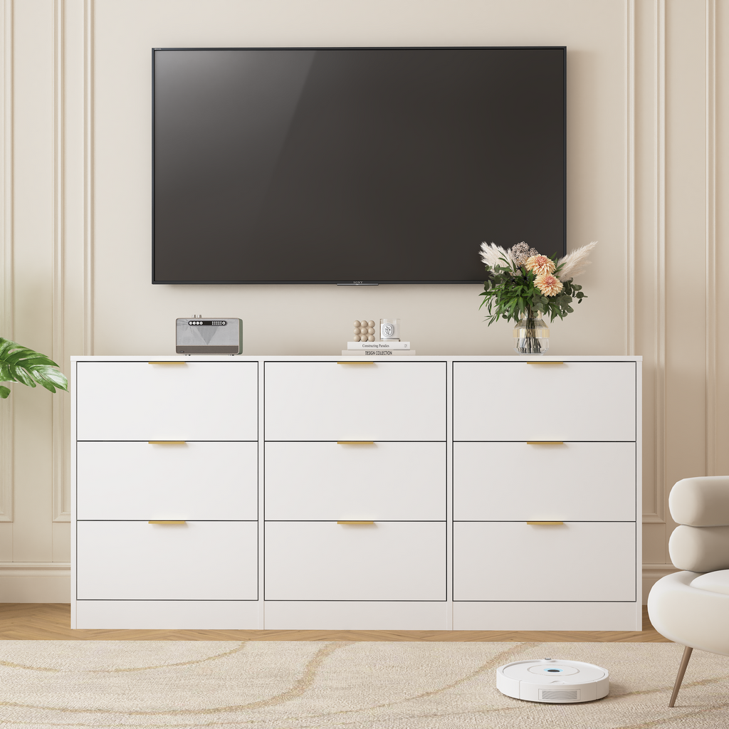 White 9 Drawer Dresser, 63' Large Deep Chest of Drawers, Wooden Dresser Storage Cabinet with 9 Drawers for Bedroom, Long Dressers for Living Room, Hallway - Grand Goldman Shop