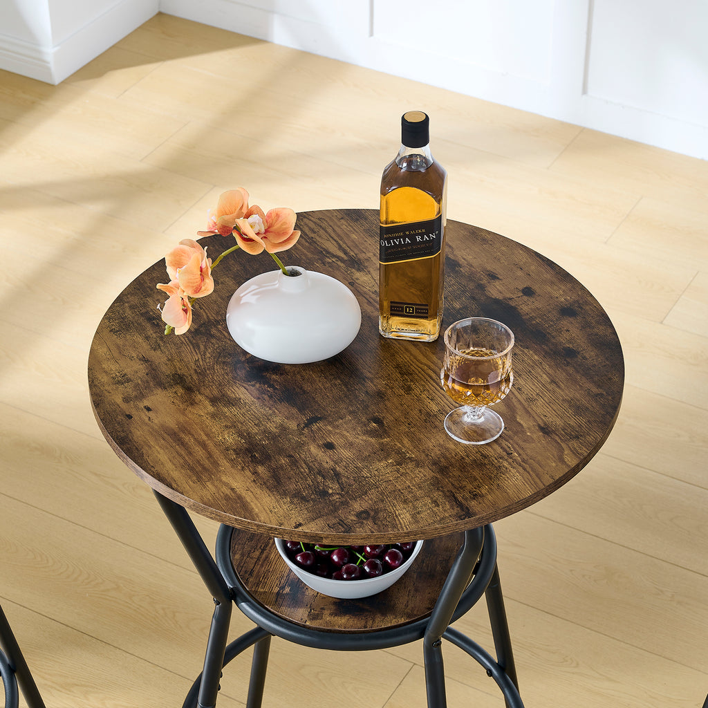 Rustic Brown Round Bar Table and Stool Set with Shelf, Upholstered Stool with Backrest, Metal & Wood, 24.17'W x 24.17'D x 36.02'H - Grand Goldman Shop