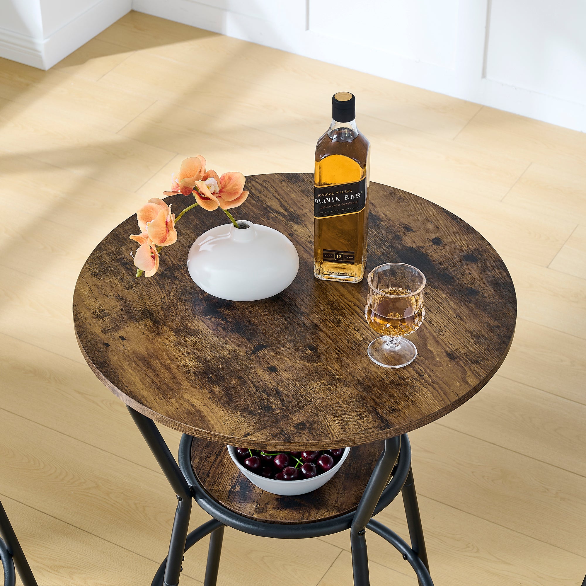 Rustic Brown Round Bar Table and Stool Set with Shelf, Upholstered Stool with Backrest, Metal & Wood, 24.17'W x 24.17'D x 36.02'H - Grand Goldman Shop