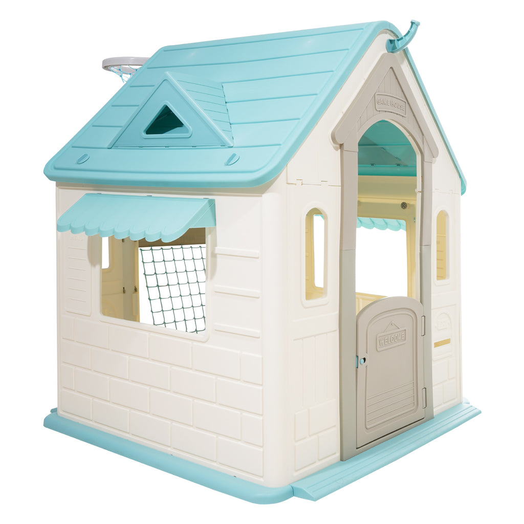 Outdoor Playhouse, 5-In-1 Cottage Play House with Pretend Play, Basketball, Darts, Soccer, Ring Toss, Window & Convenient Doo