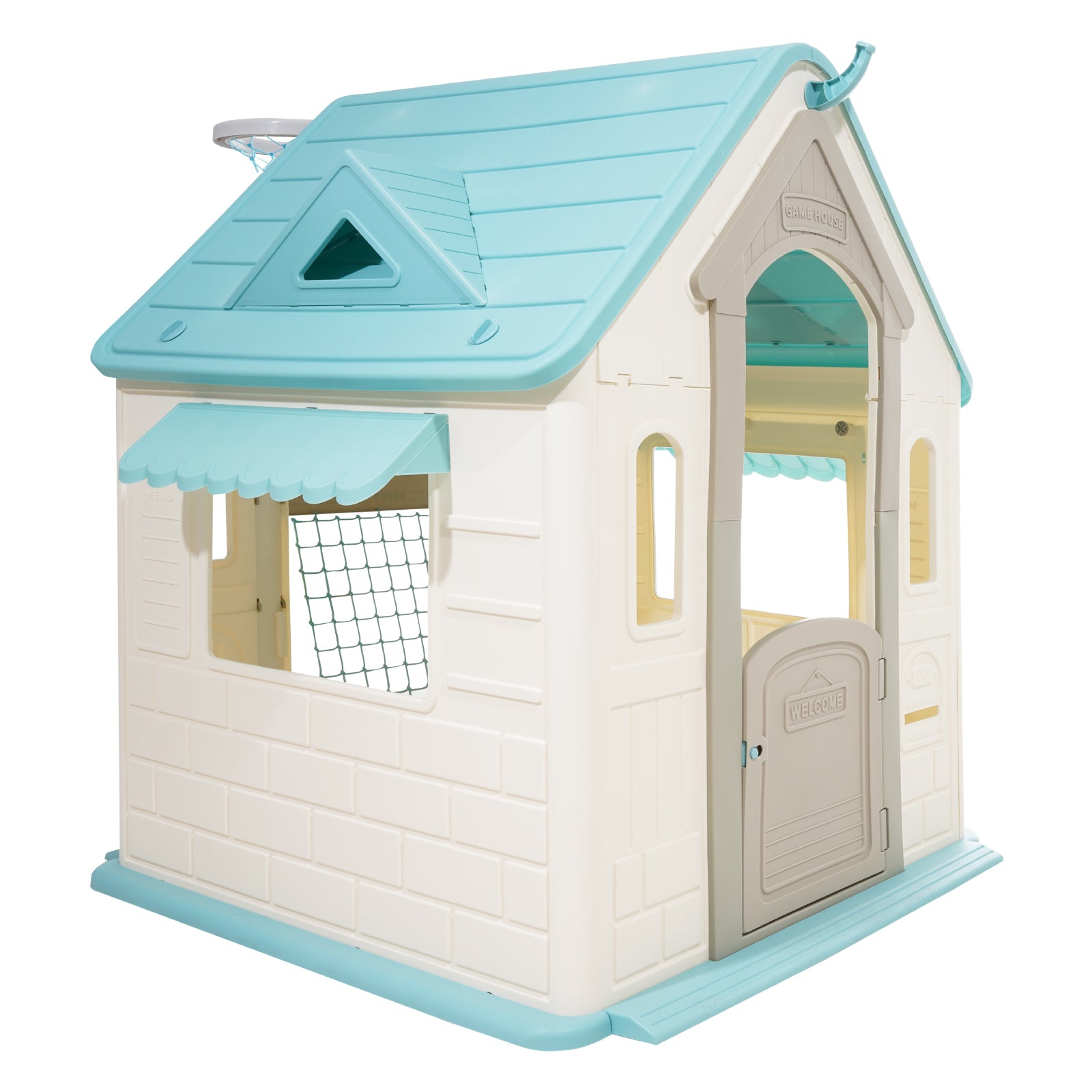 Outdoor Playhouse, 5-In-1 Cottage Play House with Pretend Play, Basketball, Darts, Soccer, Ring Toss, Window & Convenient Doo