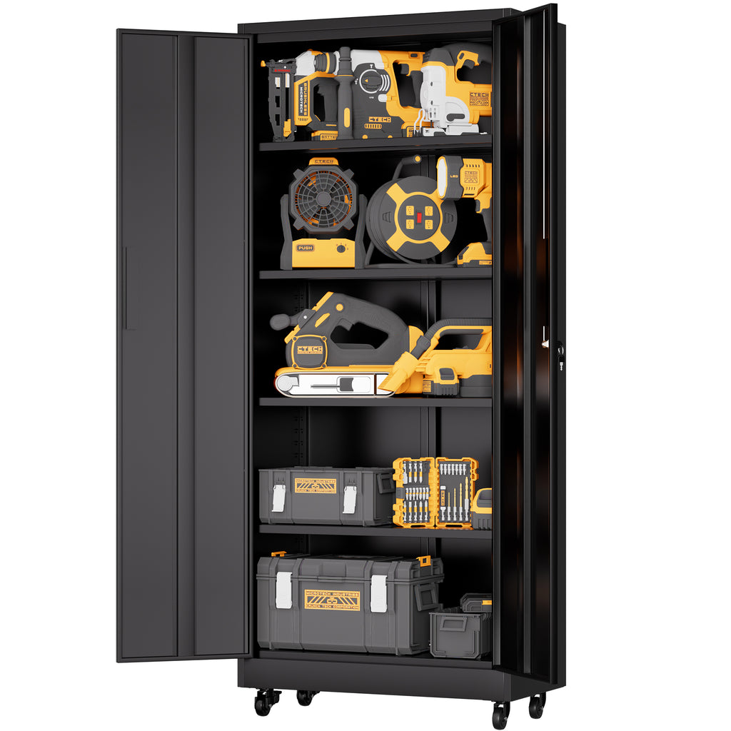 Heavy Duty Rolling Metal Cabinet with Lock, 71 inch Garage Storage Cabinet, 4 Adjustable Shelves (180lb Each), Black, for Too