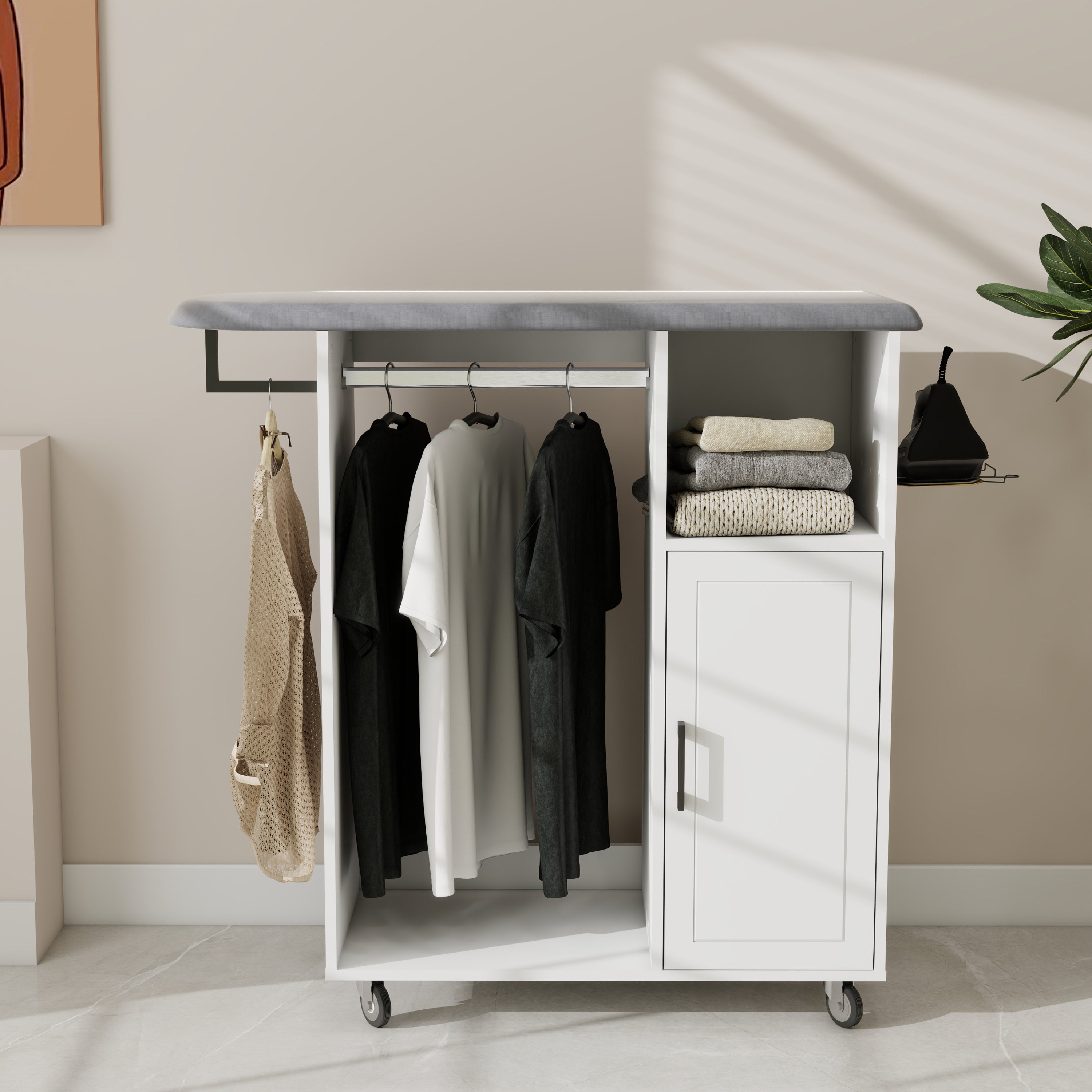 Ironing Cart with Rolling Ironing Board, Multipurpose Ironing Cabinet with Wheels, Compact Ironing Solution for Laundry Room, Bedroom,Cloakroom-White - Grand Goldman Shop
