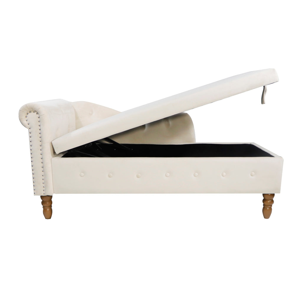Beige Chaise Lounge Indoor, Velvet Lounge Chair for Bedroom with Storage & Pillow, Modern Upholstered Rolled Arm Chase Lounge for Sleeping with Nailhead Trim for Living Room Bedroom Office - Grand Goldman Shop