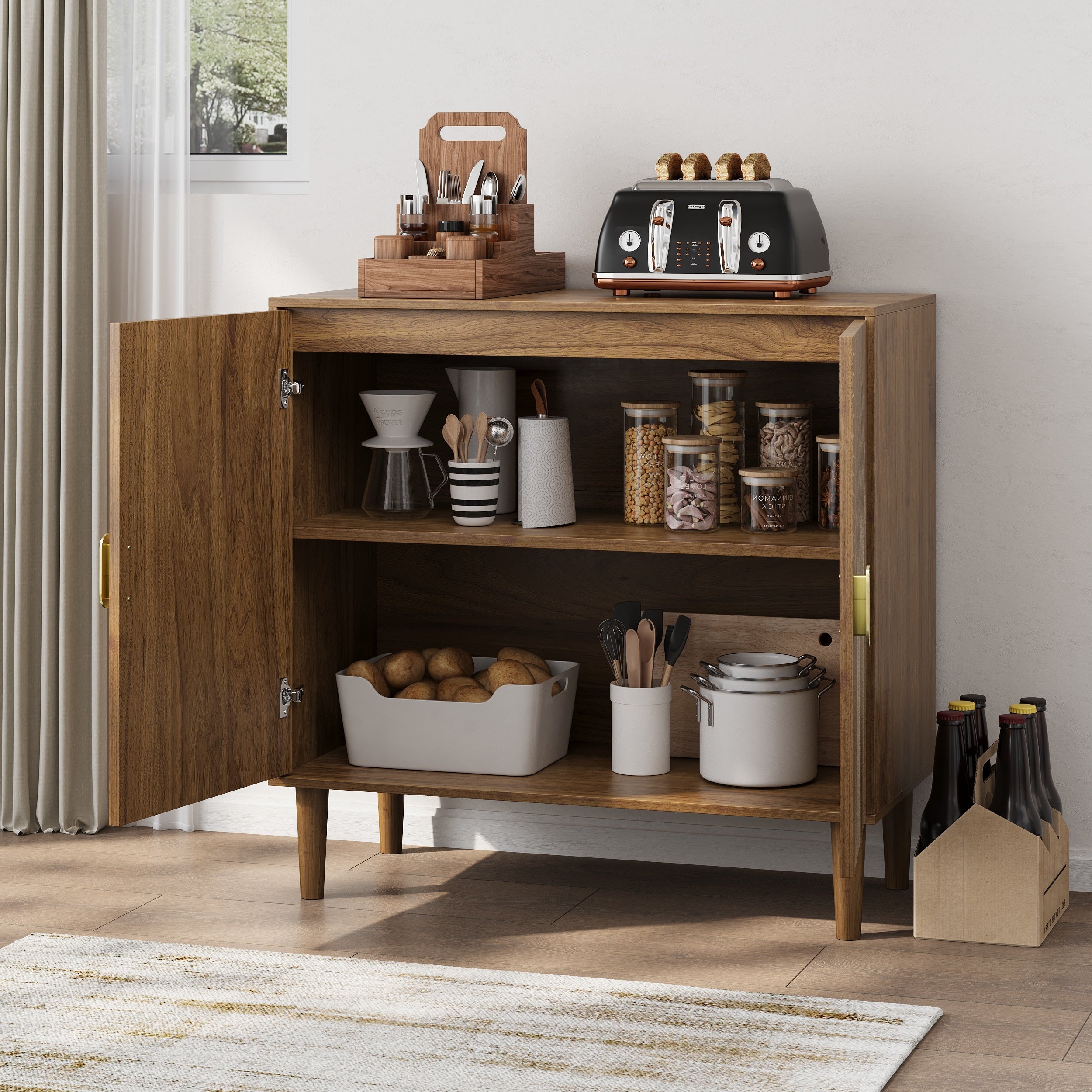 Walnut Wood Buffet Cabinet with Line Groove Design, Multifunctional Storage for Living Room, Entryway, Kitchen - Grand Goldman Shop
