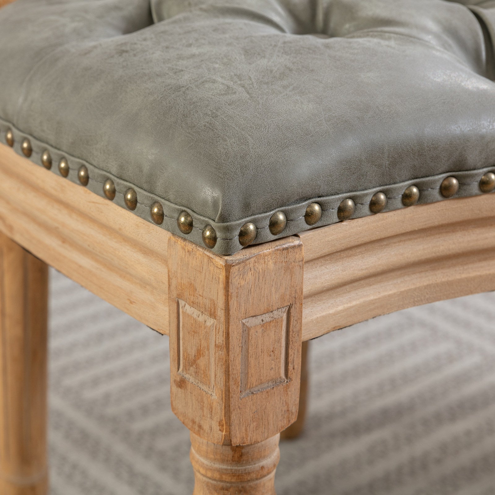 French Style Solid Wood Frame Antique Painting,Hand-pulled buckle decoration PU artificial leather Dining Chair with Nailhead Trim ,Wood Legs,Set of 2,White Pine Green,SW1839WP - Grand Goldman Shop