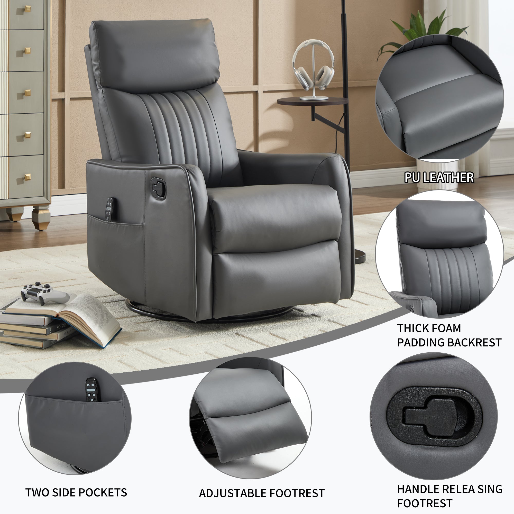 Grey Faux Leather Heat Massage Manual Recliner Chair with Rocker and Swivel for Living Room - Grand Goldman Shop