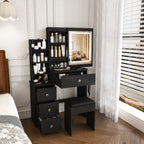 Modern Vanity Desk with 3 LED Lighting Modes, 4 Drawers, Open Shelves, Hair Dryer Holder & Power Socket, Black MDF Dressing Table Set with Chair - Grand Goldman Shop