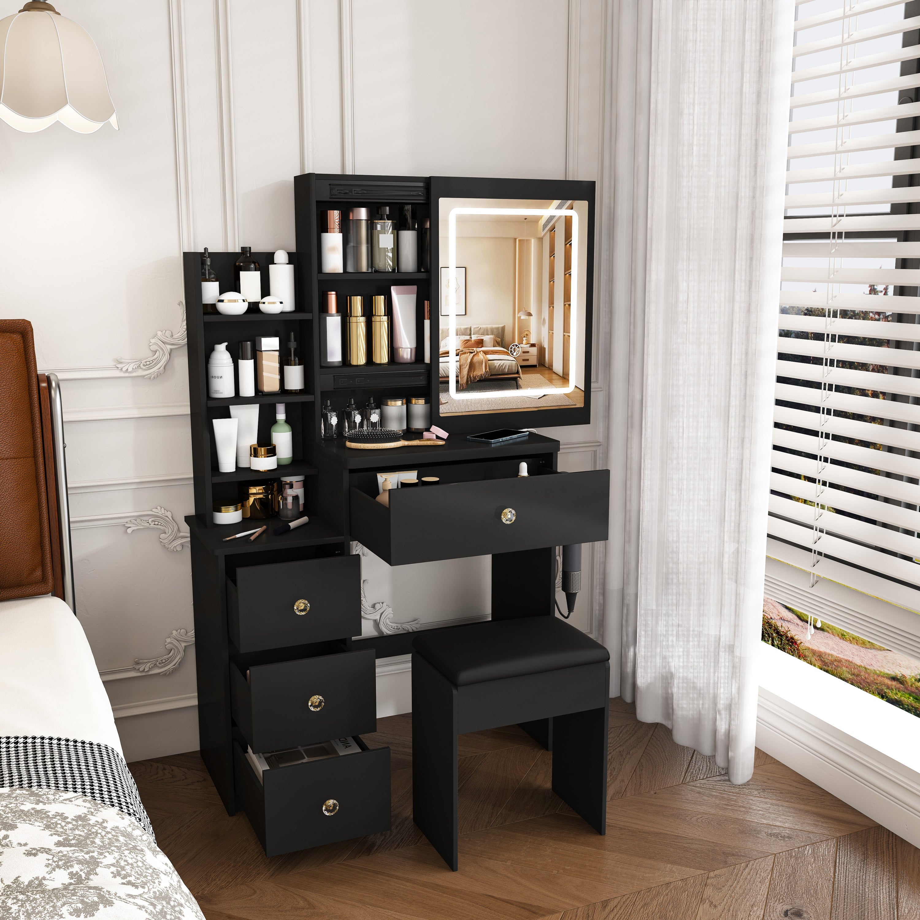 Modern Vanity Desk with 3 LED Lighting Modes, 4 Drawers, Open Shelves, Hair Dryer Holder & Power Socket, Black MDF Dressing Table Set with Chair - Grand Goldman Shop