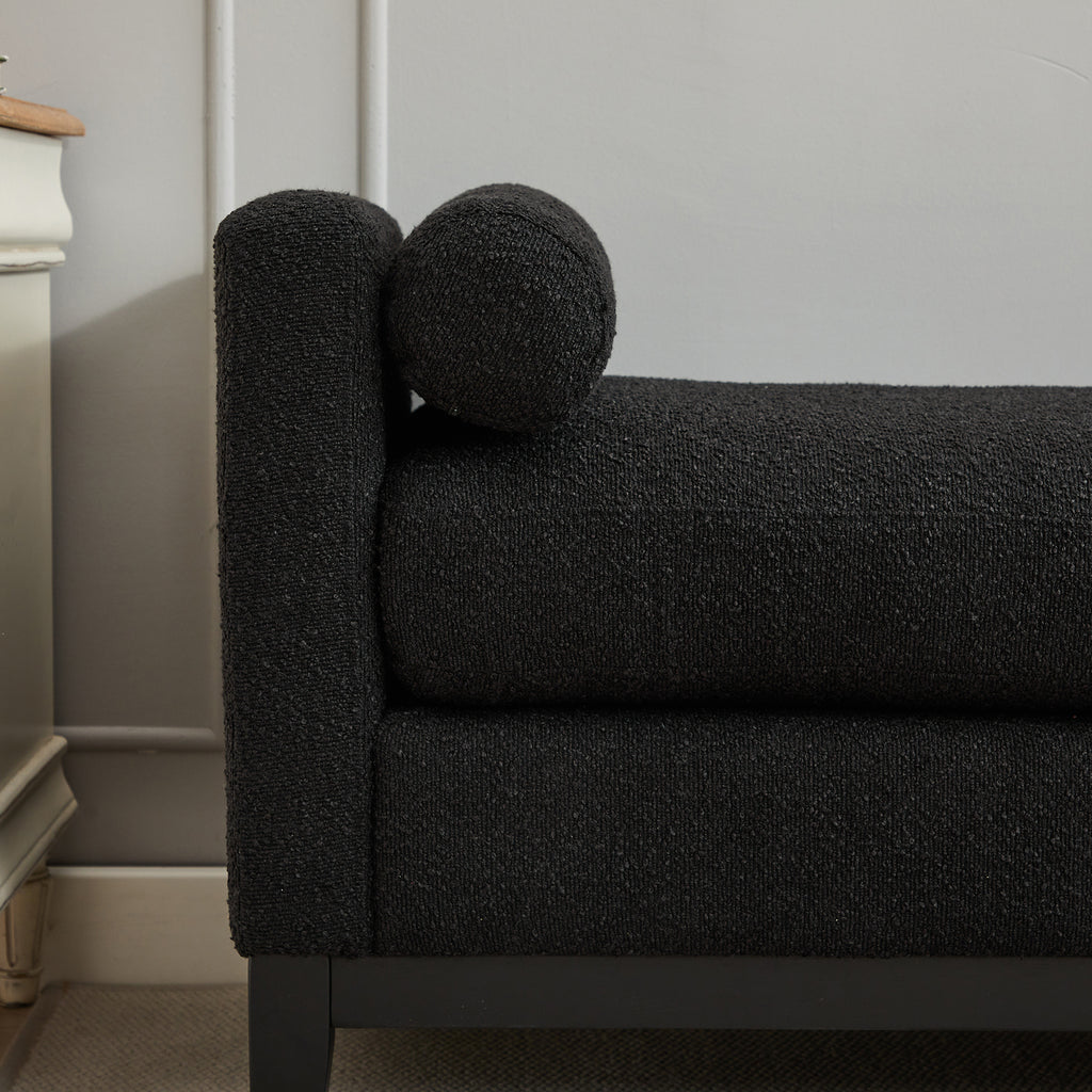 Elegant Upholstered Bench, Daybed, Ottoman with Wood Legs & 2 Bolster Pillows, Black Boucle, 66.34' - Grand Goldman Shop