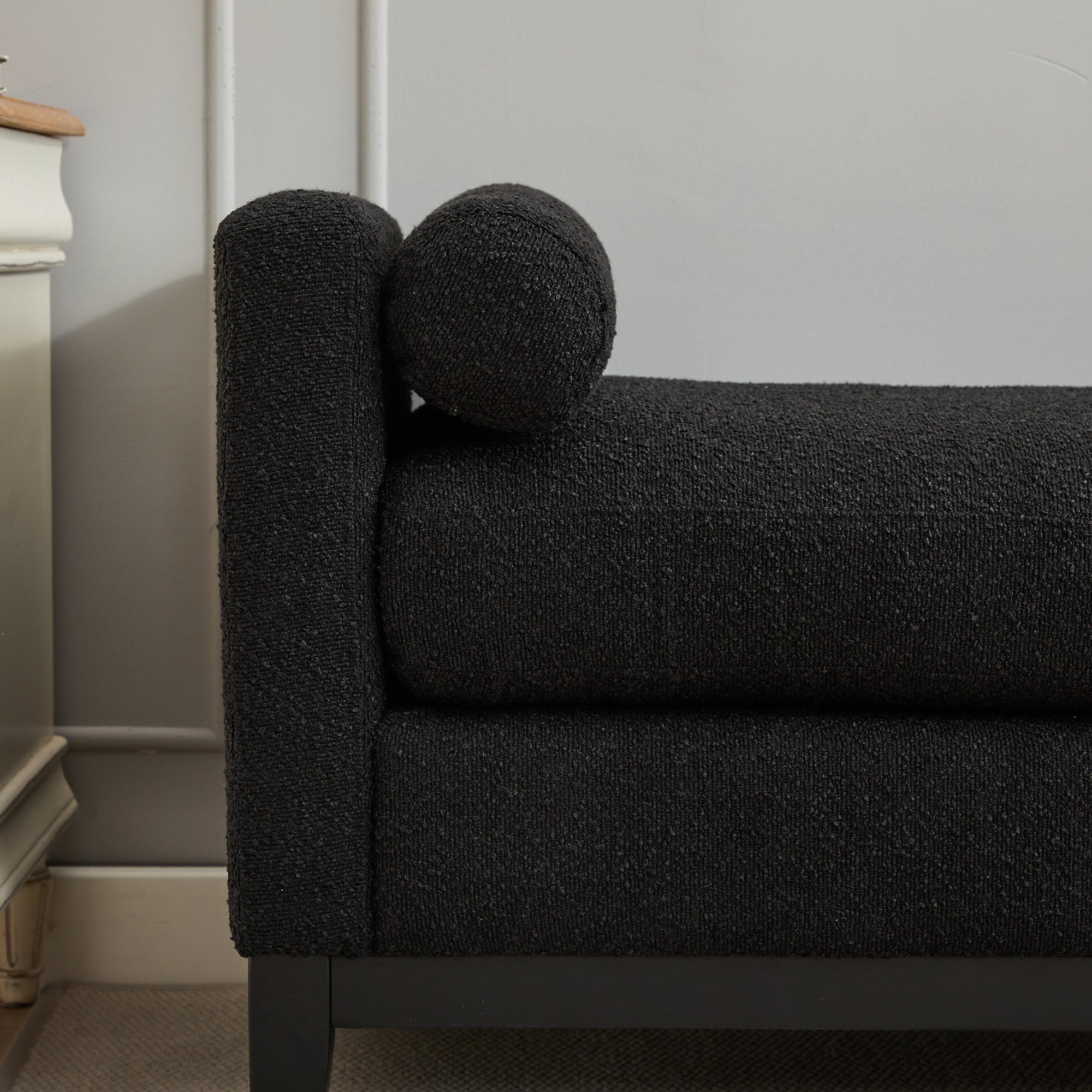 Elegant Upholstered Bench, Daybed, Ottoman with Wood Legs & 2 Bolster Pillows, Black Boucle, 66.34' - Grand Goldman Shop